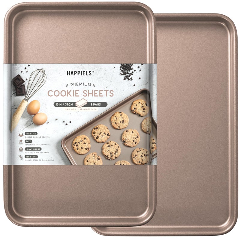 Happiels 10 X 15 Inches Non Toxic Non Stick Baking Sheet Set Of 2 | Nonstick Cookie Sheets For Baking | Premium Quality Baking Pan Set | Jelly Roll Pans 15X10 | Non Toxic Bakeware 15 X 10 - Image 1