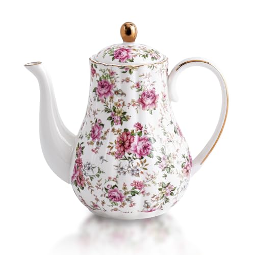 Agyiuns Tea Pot, Porcelain Teapot 37oz,tea pots for tea party,Tea Infuser Pots for Blooming loose Leaf Tea (White with flower) - Image 1