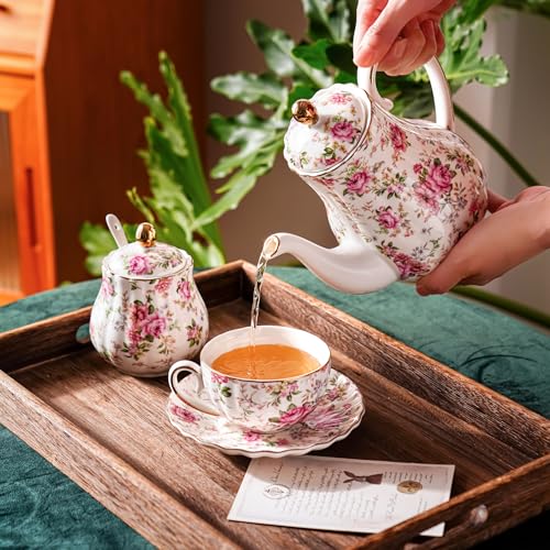 Agyiuns Tea Pot, Porcelain Teapot 37oz,tea pots for tea party,Tea Infuser Pots for Blooming loose Leaf Tea (White with flower) - Image 4