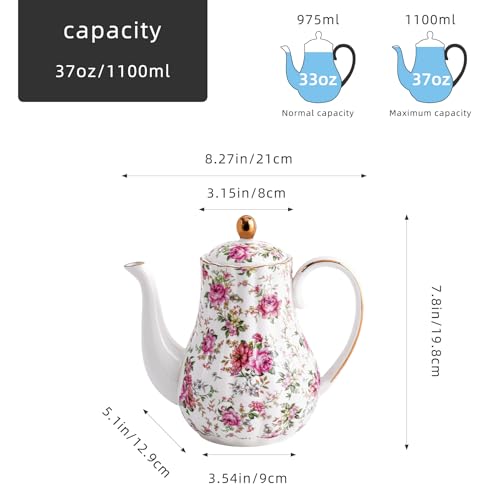 Agyiuns Tea Pot, Porcelain Teapot 37oz,tea pots for tea party,Tea Infuser Pots for Blooming loose Leaf Tea (White with flower) - Image 2
