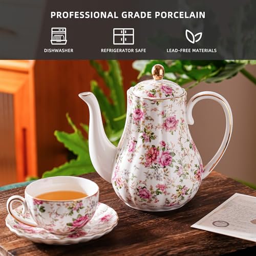 Agyiuns Tea Pot, Porcelain Teapot 37oz,tea pots for tea party,Tea Infuser Pots for Blooming loose Leaf Tea (White with flower) - Image 3