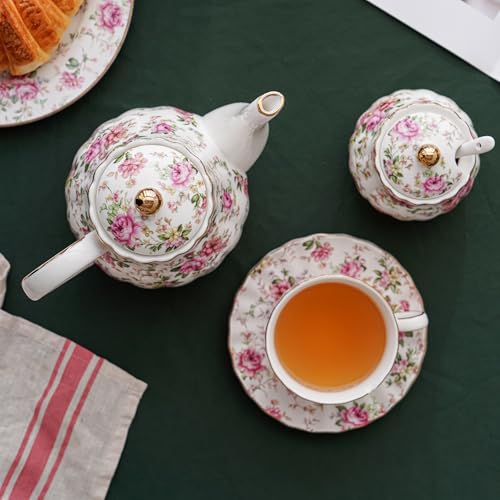 Agyiuns Tea Pot, Porcelain Teapot 37oz,tea pots for tea party,Tea Infuser Pots for Blooming loose Leaf Tea (White with flower) - Image 5