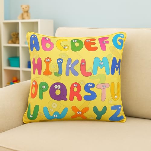 Swayam Set of 2 Alphabet Print Cotton Yellow Kids Cushion Cover | 16 x 16 Inch | Soft Breathable Fabric with Hidden Zipper | Decorative & Stylish Cushion Covers for Sofa, Living Room, Bedroom & Couch - Image 1