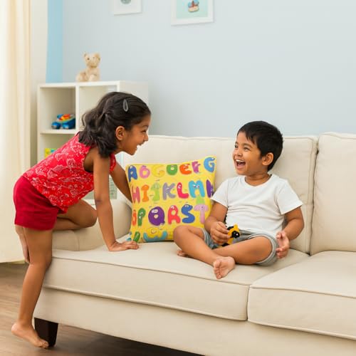 Swayam Set of 2 Alphabet Print Cotton Yellow Kids Cushion Cover | 16 x 16 Inch | Soft Breathable Fabric with Hidden Zipper | Decorative & Stylish Cushion Covers for Sofa, Living Room, Bedroom & Couch - Image 2