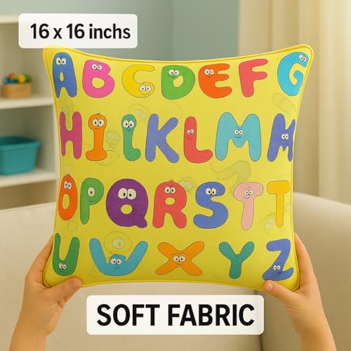 Swayam Set of 2 Alphabet Print Cotton Yellow Kids Cushion Cover | 16 x 16 Inch | Soft Breathable Fabric with Hidden Zipper | Decorative & Stylish Cushion Covers for Sofa, Living Room, Bedroom & Couch - Image 3