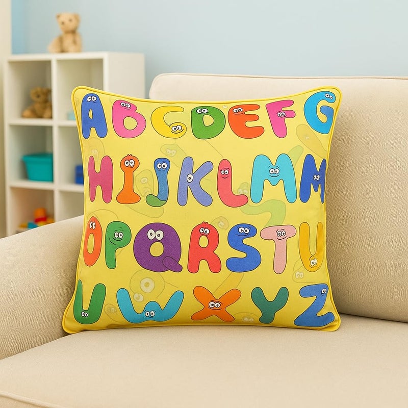 Swayam Set of 2 Alphabet Print Cotton Yellow Kids Cushion Cover | 16 x 16 Inch | Soft Breathable Fabric with Hidden Zipper | Decorative & Stylish Cushion Covers for Sofa, Living Room, Bedroom & Couch - Image 5