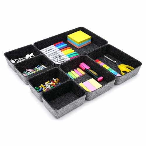 Welaxy Drawer organizers tray felt storage bin office Shallow Small Desk box Draw dividers stylish interior room decor 7-piece (Charcoal) - Image 1