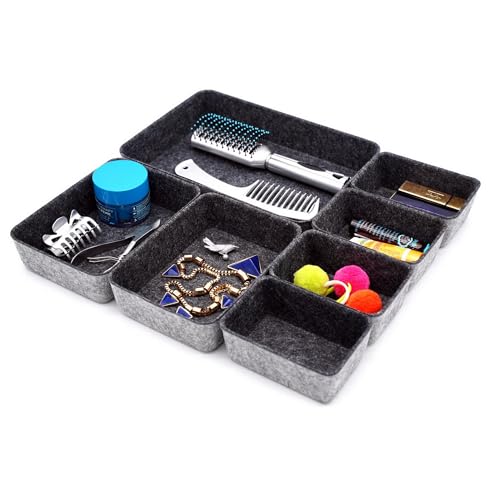 Welaxy Drawer organizers tray felt storage bin office Shallow Small Desk box Draw dividers stylish interior room decor 7-piece (Charcoal) - Image 4