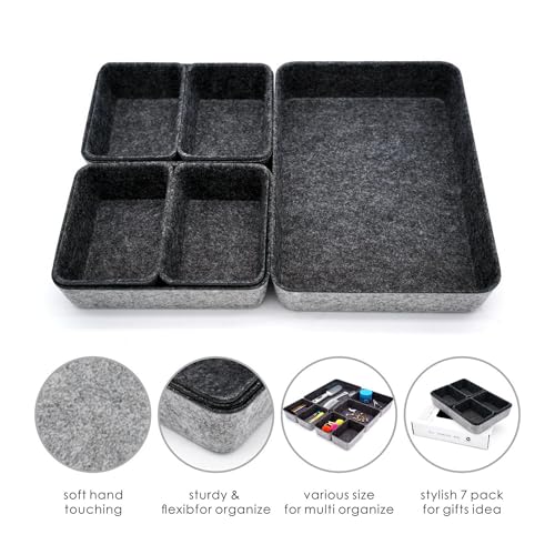 Welaxy Drawer organizers tray felt storage bin office Shallow Small Desk box Draw dividers stylish interior room decor 7-piece (Charcoal) - Image 3