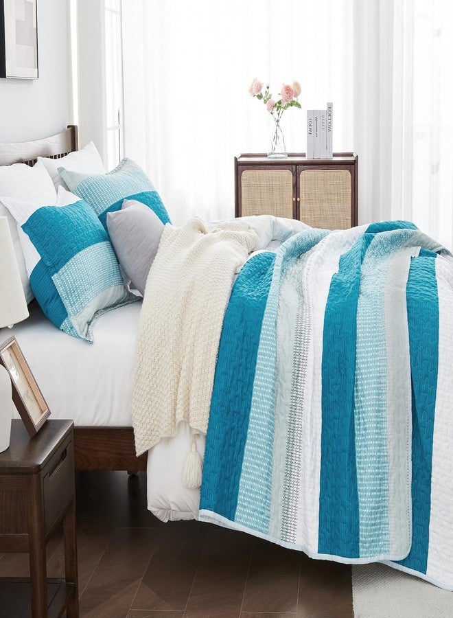 Andency Teal and White Striped Quilt King(106x96Inch), 3 Pieces (1 Quilt and 2 Pillowcases) Patchwork Bedroom Bedspread Coverlet Set, Soft Microfiber Quilted Bedding Set - Image 2