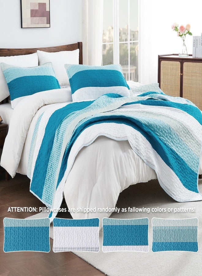 Andency Teal and White Striped Quilt King(106x96Inch), 3 Pieces (1 Quilt and 2 Pillowcases) Patchwork Bedroom Bedspread Coverlet Set, Soft Microfiber Quilted Bedding Set - Image 4
