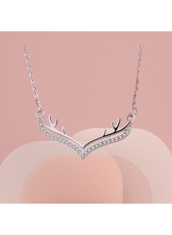 ZESITH S925 Sterling Silver Elk Antler Necklace, Inlaid Zircon Clavicle Chain, Mori Style Fashion Jewelry for Women, White Gold - Image 3