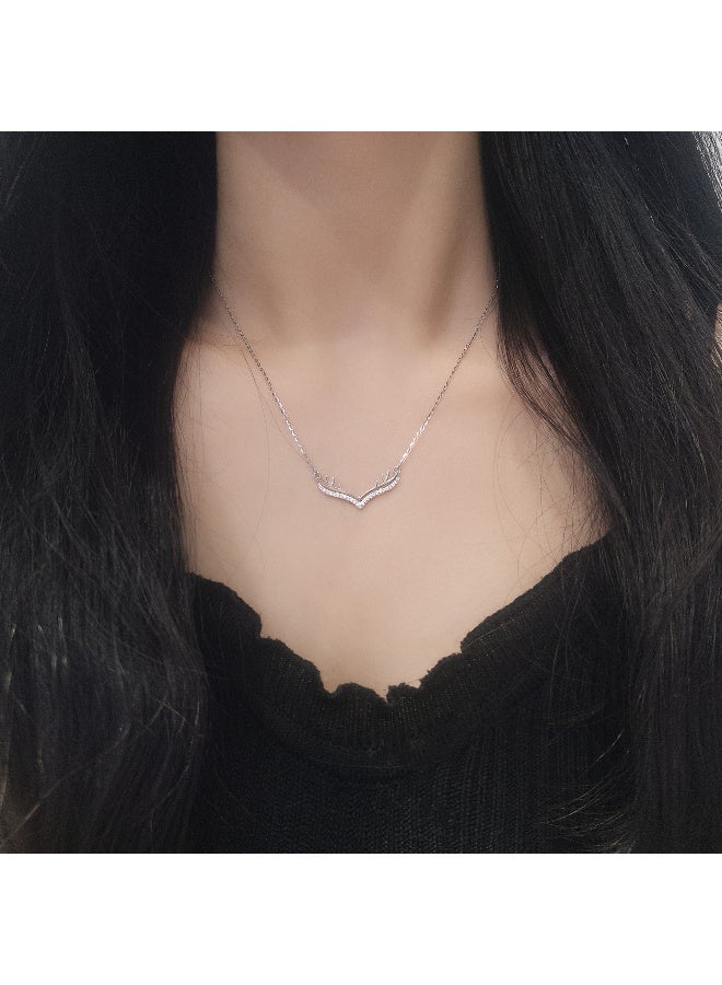 ZESITH S925 Sterling Silver Elk Antler Necklace, Inlaid Zircon Clavicle Chain, Mori Style Fashion Jewelry for Women, White Gold - Image 1