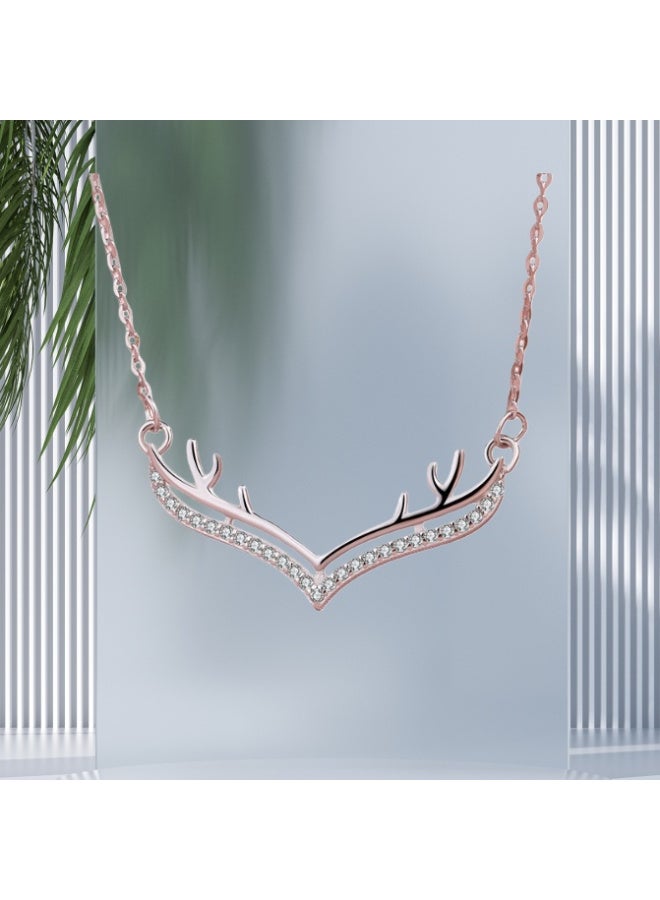 ZESITH S925 Sterling Silver Elk Antler Necklace, Inlaid Zircon Clavicle Chain, Mori Style Fashion Jewelry for Women, White Gold - Image 4