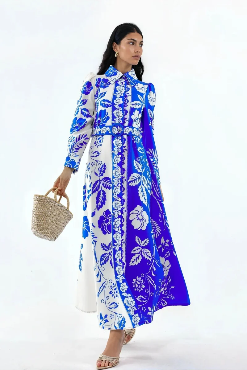جينيفر Floral Belted Maxi Shirt Dress