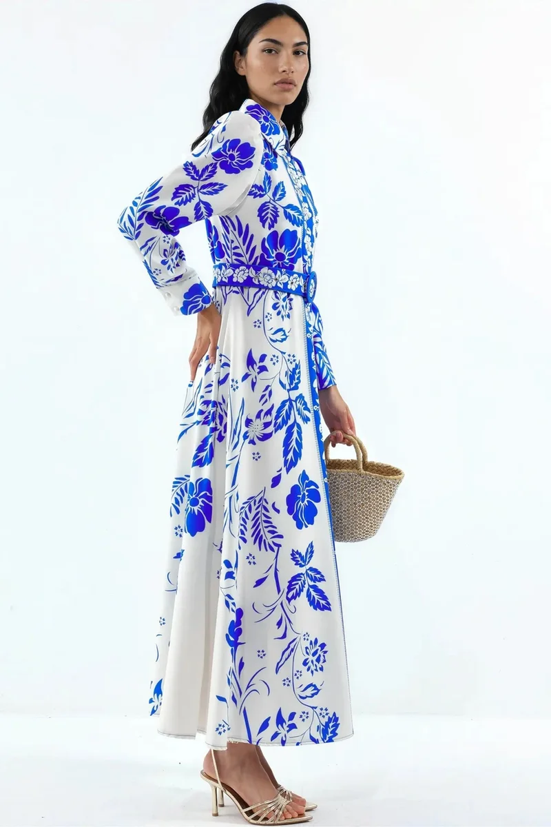 جينيفر Floral Belted Maxi Shirt Dress