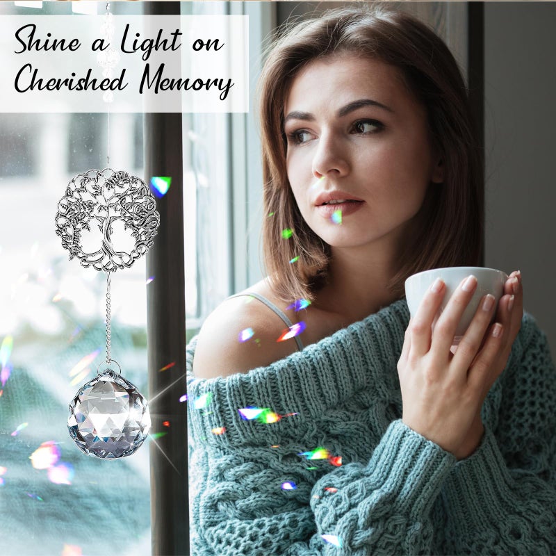 Elivida Grief Gift Modern Sympathy Gift for Lose of Mom  Retro Round Tree Life Design Memorial Hanging Ornament with 40mm Clear Crystal Ball Rainbow Maker  Bereavement Gift Idea for Women - Image 2
