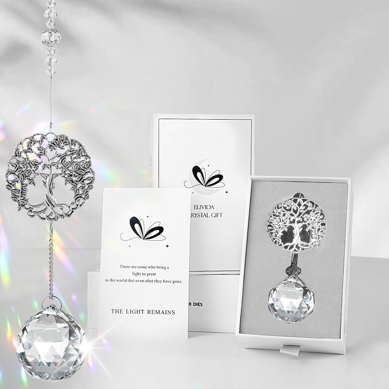 Elivida Grief Gift Modern Sympathy Gift for Lose of Mom  Retro Round Tree Life Design Memorial Hanging Ornament with 40mm Clear Crystal Ball Rainbow Maker  Bereavement Gift Idea for Women - Image 1