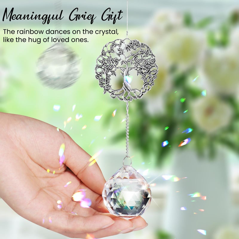 Elivida Grief Gift Modern Sympathy Gift for Lose of Mom  Retro Round Tree Life Design Memorial Hanging Ornament with 40mm Clear Crystal Ball Rainbow Maker  Bereavement Gift Idea for Women - Image 3