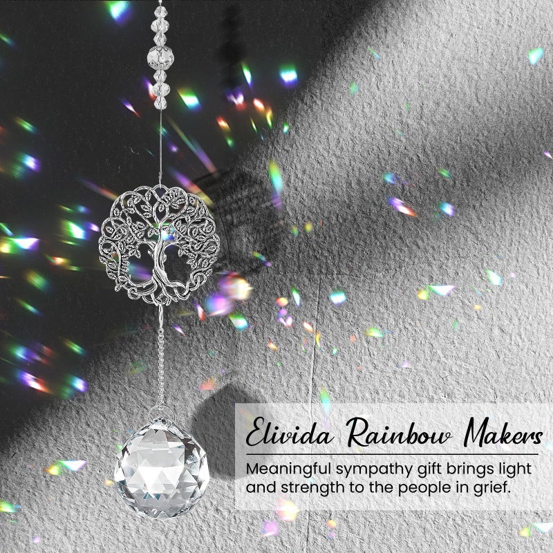 Elivida Grief Gift Modern Sympathy Gift for Lose of Mom  Retro Round Tree Life Design Memorial Hanging Ornament with 40mm Clear Crystal Ball Rainbow Maker  Bereavement Gift Idea for Women - Image 5