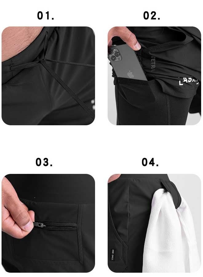 Loquat Five-Point Sports Shorts Quick Drying Double Layer Basketball Pants Anti-Light Running Fitness Summer Black  - Image 2