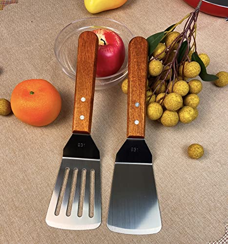 KLAQQED 2Pcs Metal Spatulas Set, Metal Spatula for Cast Iron Skillet, Cooking Utensils Fish Egg Grill Spatula Stainless Steel Slotted Spatula, Wok Flat Top Small Metal Spatula Turner with Wood Handle - Image 2