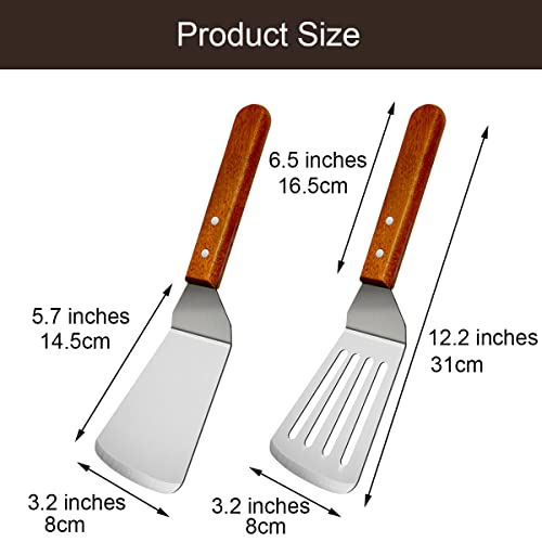 KLAQQED 2Pcs Metal Spatulas Set, Metal Spatula for Cast Iron Skillet, Cooking Utensils Fish Egg Grill Spatula Stainless Steel Slotted Spatula, Wok Flat Top Small Metal Spatula Turner with Wood Handle - Image 3
