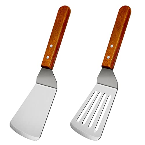 KLAQQED 2Pcs Metal Spatulas Set, Metal Spatula for Cast Iron Skillet, Cooking Utensils Fish Egg Grill Spatula Stainless Steel Slotted Spatula, Wok Flat Top Small Metal Spatula Turner with Wood Handle - Image 1