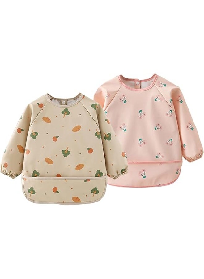 Kids Long Sleeve Waterproof Art Smock Bib, 2-Pack, Food-Catching Pocket, 45cm Length, Beige & Pink - Image 1