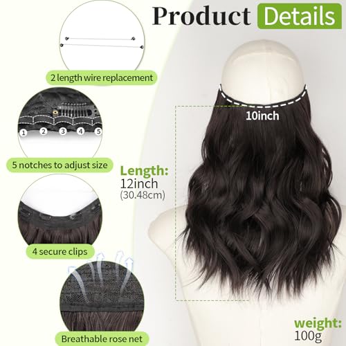KooKaStyle Invisible Wire Hair Extensions with Transparent Headband Adjustable Size 4 Secure Clips Long Wavy Synthetic Hairpiece Rich Dark Brown with Warm Tones6 for Women12 Inch - Image 3