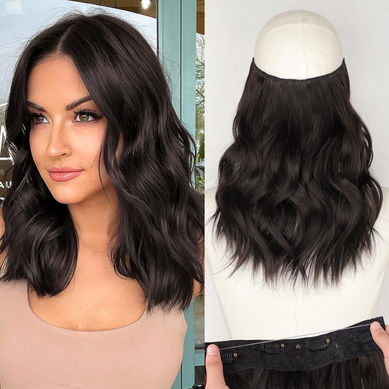 KooKaStyle Invisible Wire Hair Extensions with Transparent Headband Adjustable Size 4 Secure Clips Long Wavy Synthetic Hairpiece Rich Dark Brown with Warm Tones6 for Women12 Inch - Image 2