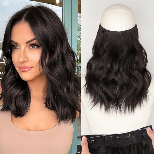 KooKaStyle Invisible Wire Hair Extensions with Transparent Headband Adjustable Size 4 Secure Clips Long Wavy Synthetic Hairpiece Rich Dark Brown with Warm Tones6 for Women12 Inch - Image 1