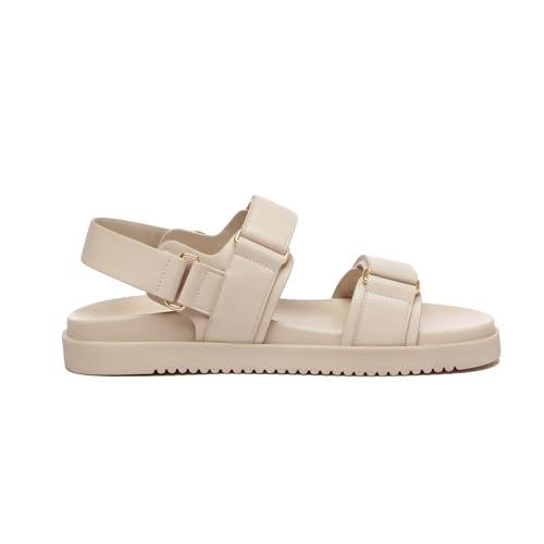 Rihero Women's Flat Sandals Comfort Adjustable Velcro Double Strap Slip on Leather Footbed Nude Sandals with Back Strap Size 6.5 - Image 2