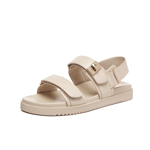 Rihero Women's Flat Sandals Comfort Adjustable Velcro Double Strap Slip on Leather Footbed Nude Sandals with Back Strap Size 6.5 - Image 1