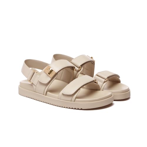 Rihero Women's Flat Sandals Comfort Adjustable Velcro Double Strap Slip on Leather Footbed Nude Sandals with Back Strap Size 6.5 - Image 5