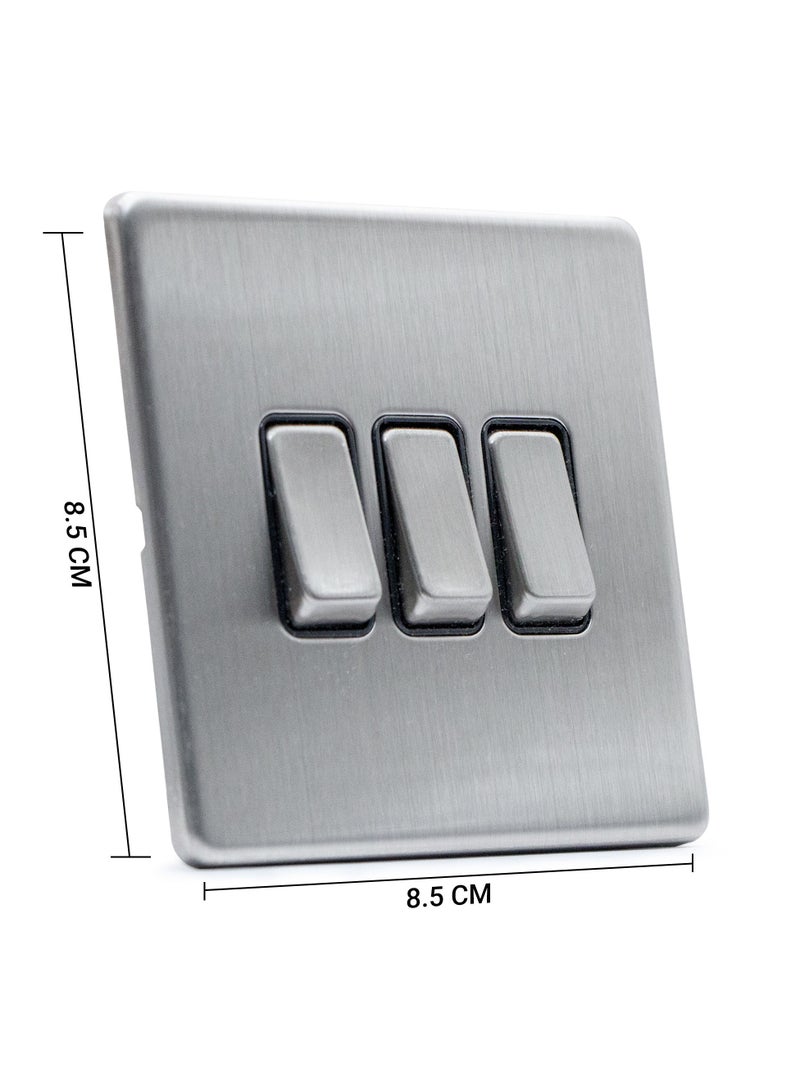 ADMORE Modern 3-Gang Light Switch Panel, Brushed Steel Grey, Square Design - Image 2