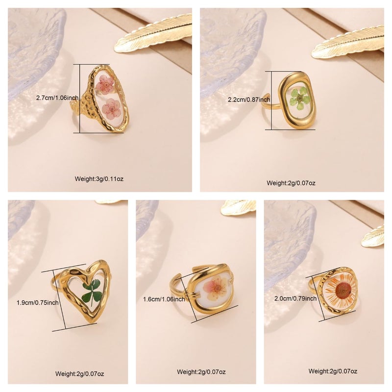 Vhitler 5pcs 18k Gold Plated Floral Adjustable Rings Chunky Gold Rings Vintage Jewelry Y2k Accessories Don't Tarnish Ring Set (Style2) - Image 3