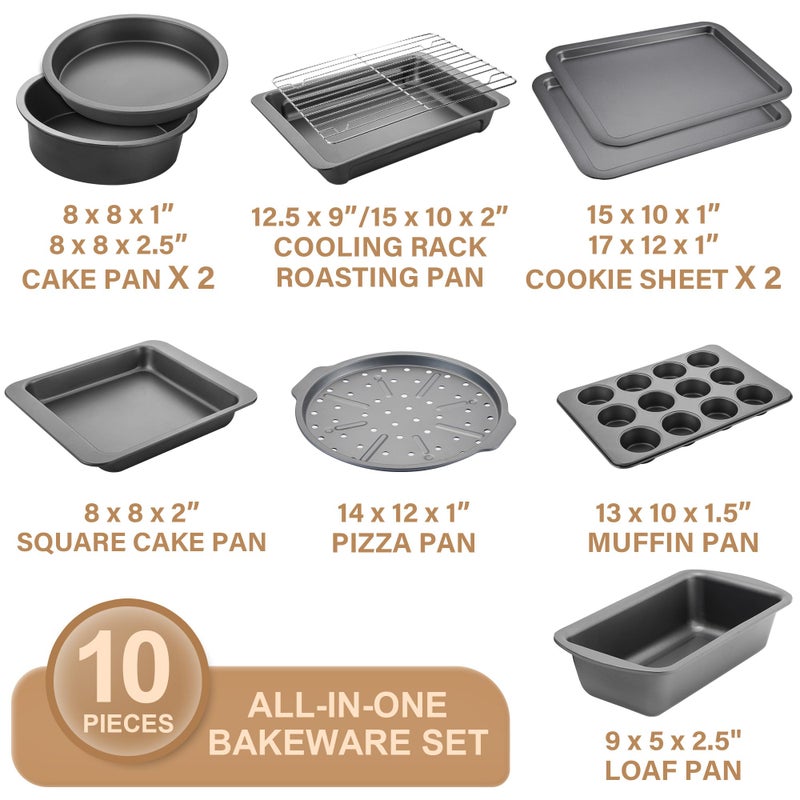 HONGBAKE Bakeware Sets, Baking Pans Set, Nonstick Oven Pan for Kitchen with Wider Grips, 10 Pieces Including Rack, Cookie Sheet, Cake Pans, Loaf Pan, Muffin Pan, Pizza Pan - Grey - Image 3