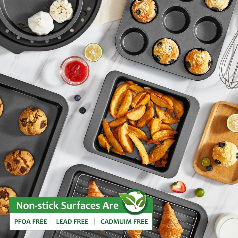 HONGBAKE Bakeware Sets, Baking Pans Set, Nonstick Oven Pan for Kitchen with Wider Grips, 10 Pieces Including Rack, Cookie Sheet, Cake Pans, Loaf Pan, Muffin Pan, Pizza Pan - Grey - Image 5