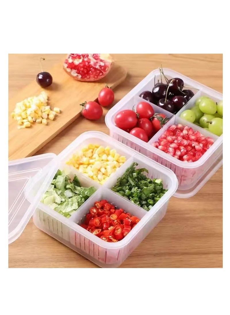 Premify - Set of 2 Fridge Organizer, Fruit Vegetable Storage Saver Containers with Lid & Colander for Kitchen | BPA-Free Plastic Container Fresh Keeper Set, 4 Partitions in Each Box - Image 1