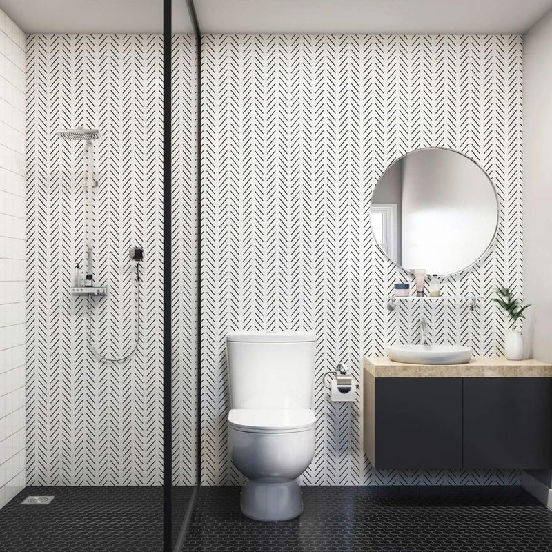Erfoni Black and White Peel and Stick Wallpaper Modern Herringbone Contact Paper Bathroom 17.7inch x 590.5inch Geometric Removable Wall Paper Peel and Stick Backsplash Self Adhesive Contact Paper - Image 4
