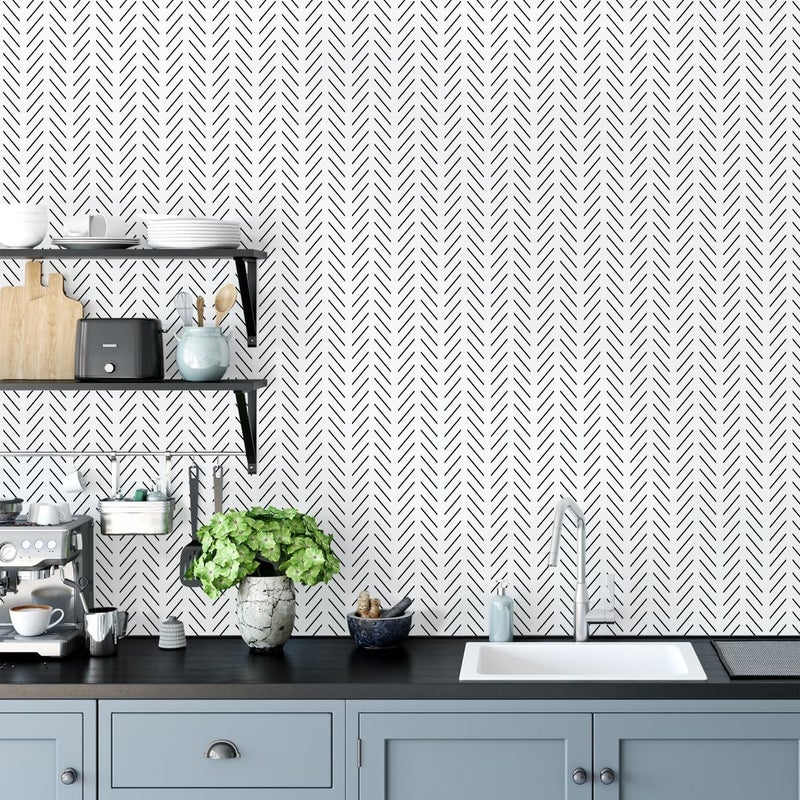 Erfoni Black and White Peel and Stick Wallpaper Modern Herringbone Contact Paper Bathroom 17.7inch x 590.5inch Geometric Removable Wall Paper Peel and Stick Backsplash Self Adhesive Contact Paper - Image 3