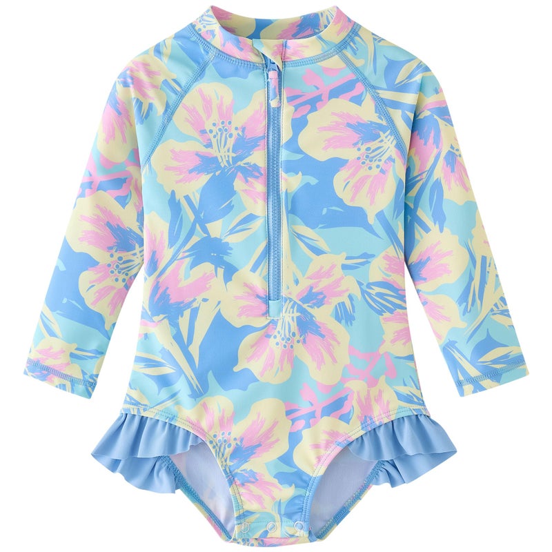 UMELOK Baby Girls One Piece Swimsuit Infant Bathing Suit Long Sleeve UPF 50+ Sun Protection Rash Guard Swimwear with Zipper Begonia Flowerï¼ŒPurple,18M - Image 1