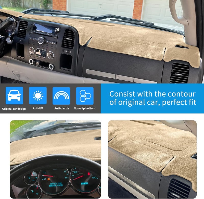 HanLanKa غطاء لوحة القيادة لسيارات GMC Sierra و Chevrolet Silverado - يناسب موديلات 2007-2013 مع صندوقين للقفازات. حصيرة لوحة قيادة مخصصة، لا تكسر مستشعرات لوحة القيادة (سجاد فاخر، بيج) - Image 3