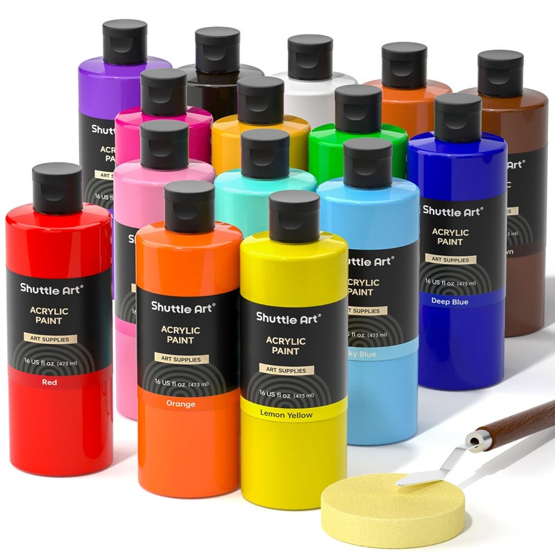 Shuttle Art Acrylic Paint 15 Colors Acrylic Paint Large Bottle Set 473ml16oz Each Rich Pigments High Viscosity Bulk for Artists Beginners and Kids on Rocks Crafts Canvas Wood - Image 2