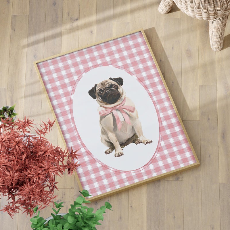 TNESSENTIAL Whimsical Pug Puppy Wall Art Poster or Canvas Print, Pink Bow Dog Portrait, Oval Vintage Nursery Print, Cute Baby Girl Room and Kids Decor - Image 1