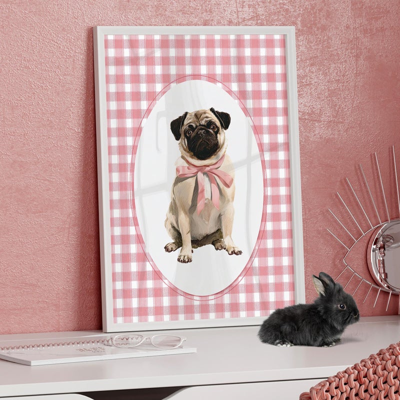 TNESSENTIAL Whimsical Pug Puppy Wall Art Poster or Canvas Print, Pink Bow Dog Portrait, Oval Vintage Nursery Print, Cute Baby Girl Room and Kids Decor - Image 3