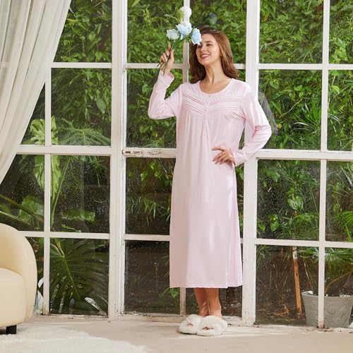 Keyocean Nightgown for Women, 100% Cotton Soft Comfy Long Sleeves Mid-Calf Length Lighweight Ladies Nightdress, Light Pink, Large (L) - Image 3