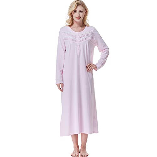 Keyocean Nightgown for Women, 100% Cotton Soft Comfy Long Sleeves Mid-Calf Length Lighweight Ladies Nightdress, Light Pink, Large (L) - Image 1