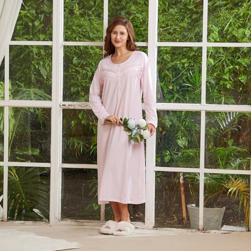Keyocean Nightgown for Women, 100% Cotton Soft Comfy Long Sleeves Mid-Calf Length Lighweight Ladies Nightdress, Light Pink, Large (L) - Image 4
